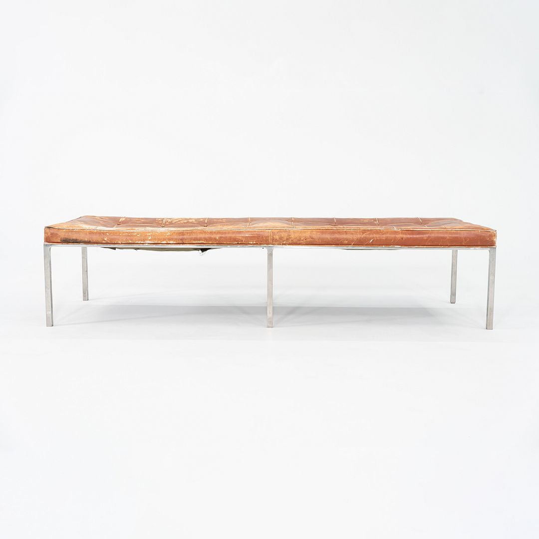 Patinated Leather and Steel Bench