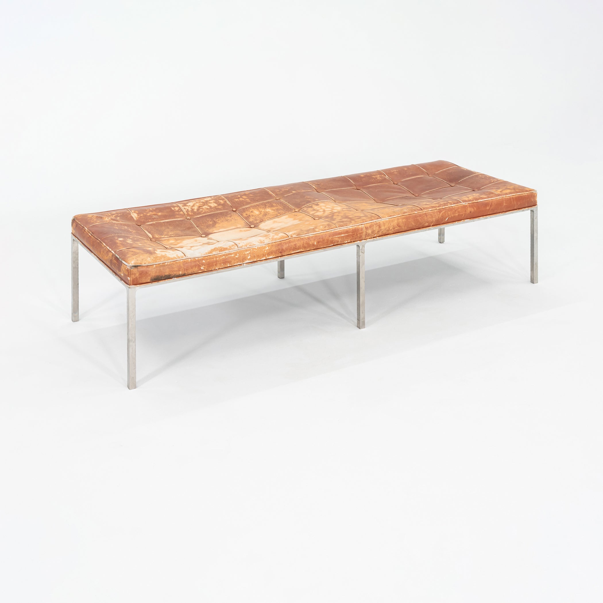 Patinated Leather and Steel Bench