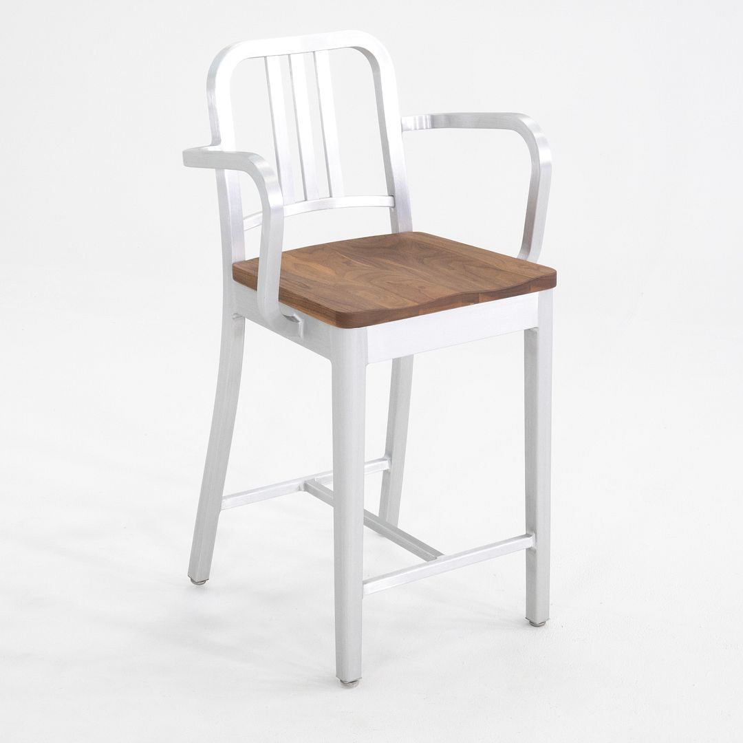 Emeco 1104 Navy Bar Stool With Wood Seat
