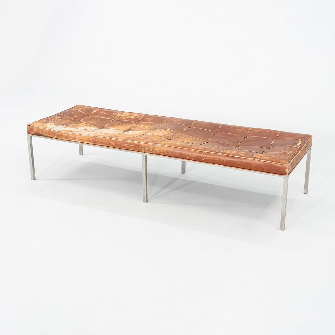 Patinated Leather and Steel Bench