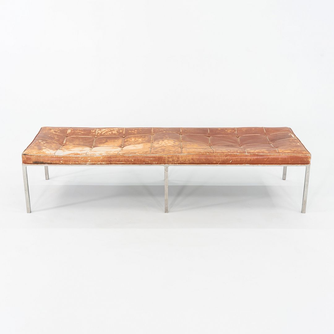 Patinated Leather and Steel Bench