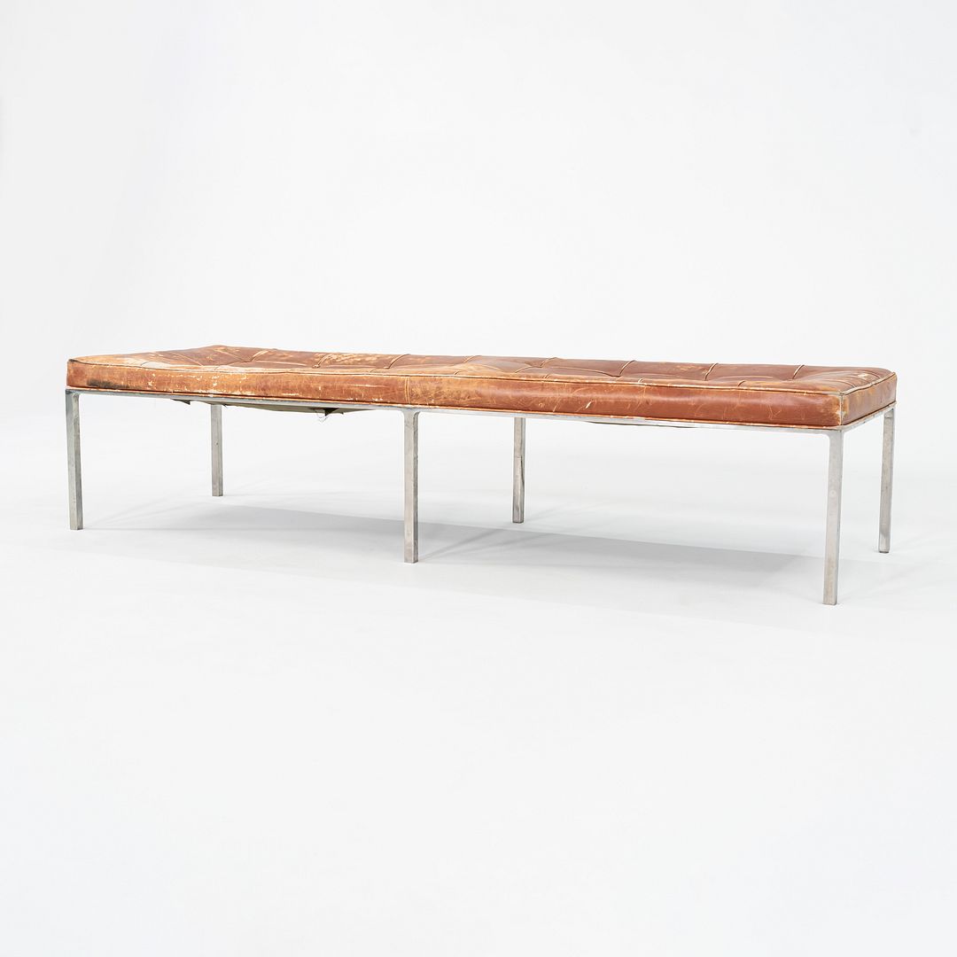 Patinated Leather and Steel Bench