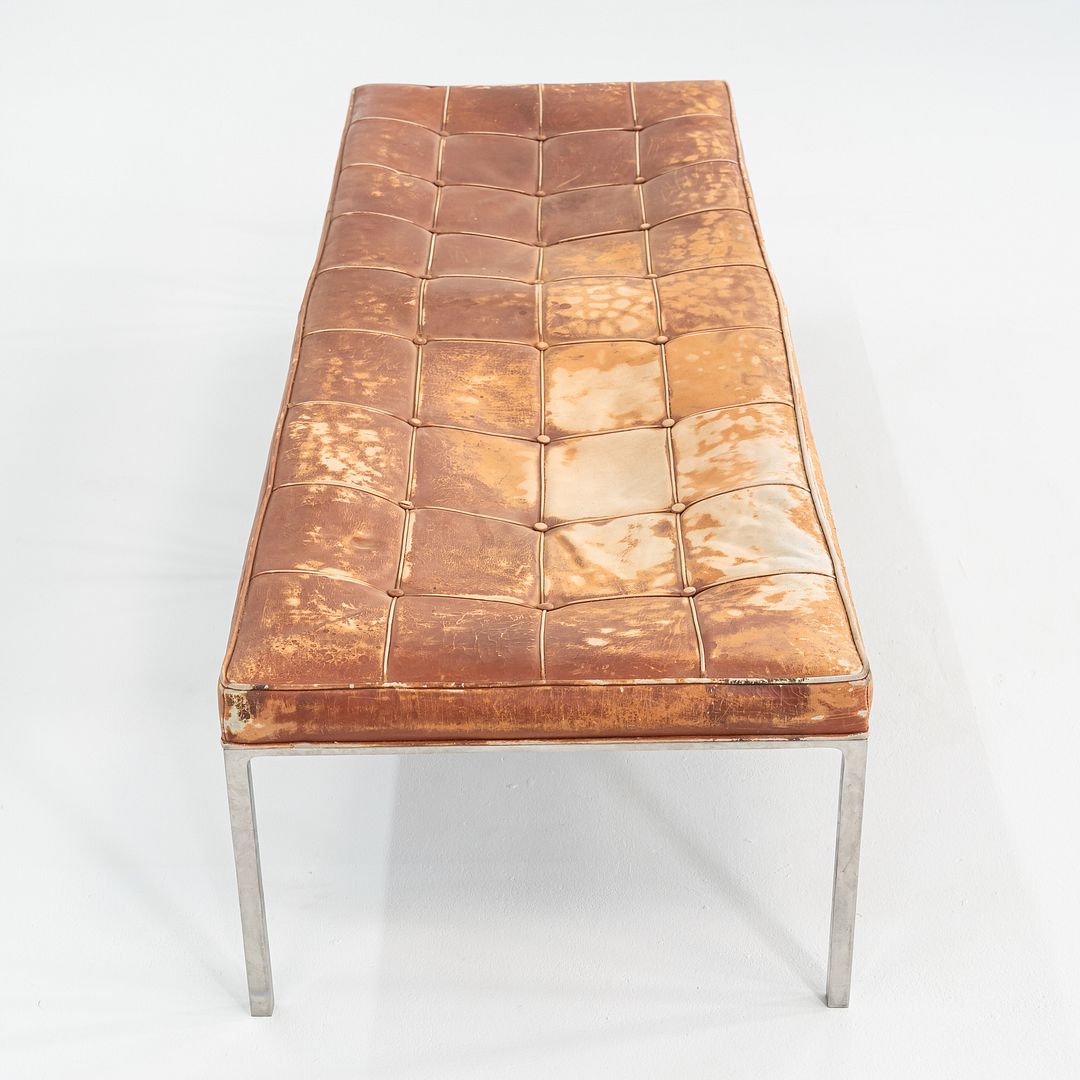Patinated Leather and Steel Bench