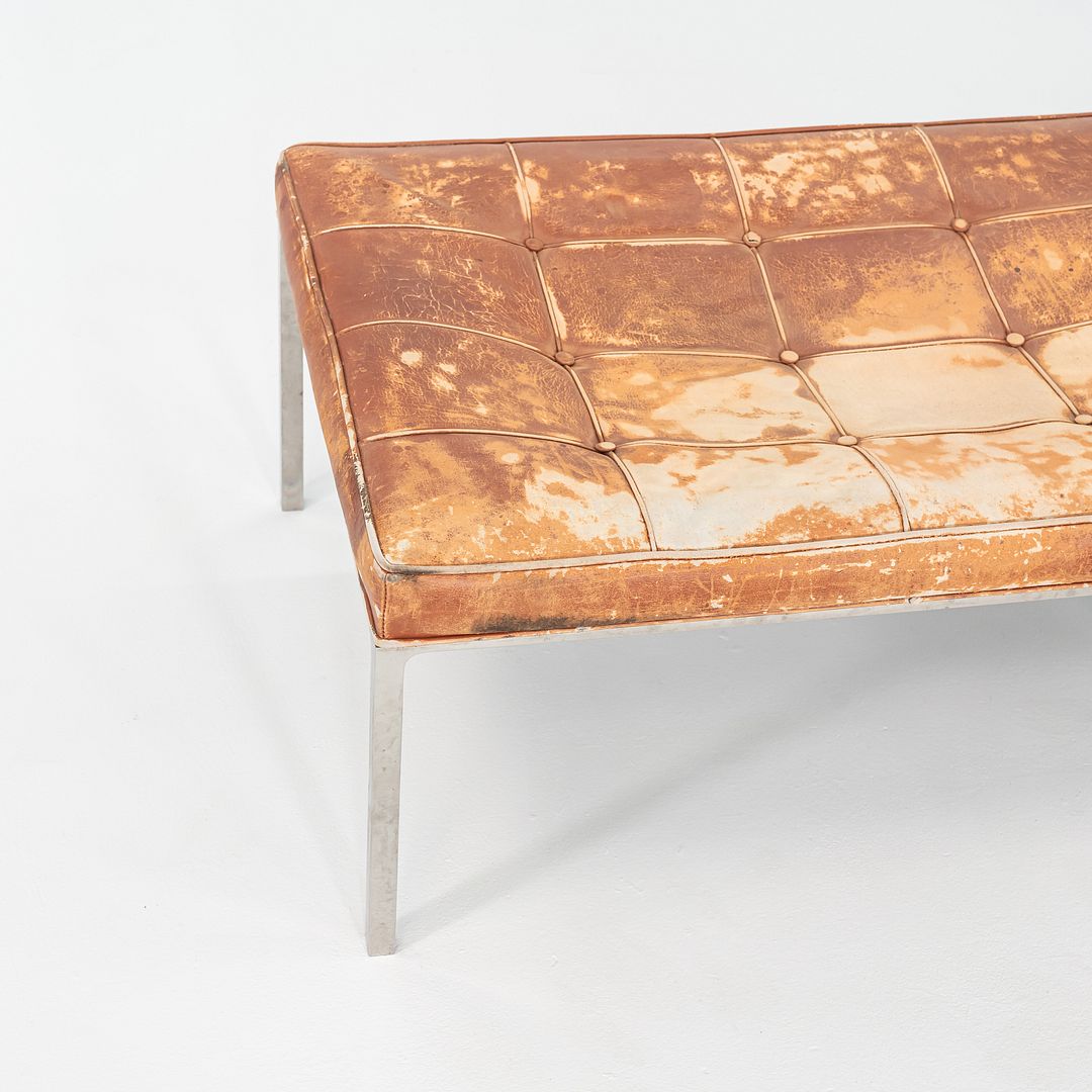 Patinated Leather and Steel Bench