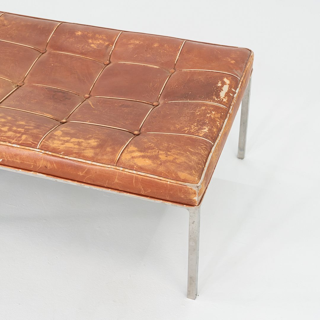 Patinated Leather and Steel Bench