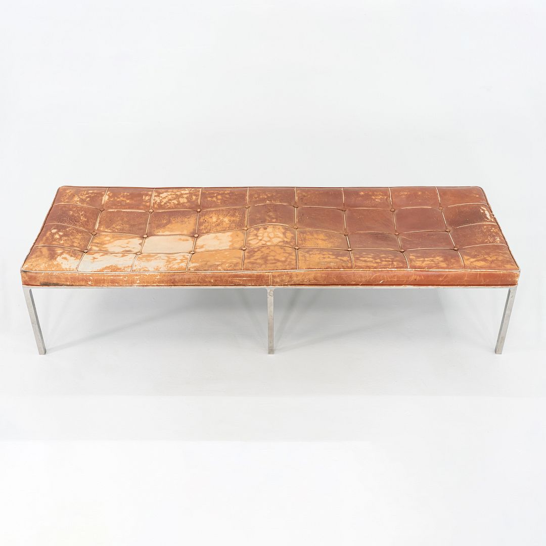 Patinated Leather and Steel Bench