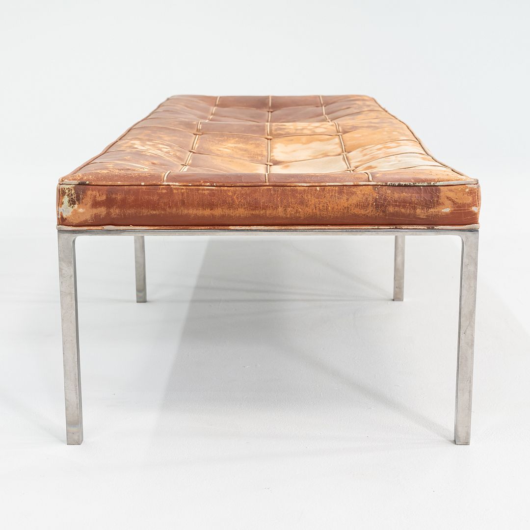 Patinated Leather and Steel Bench