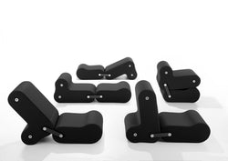 Five Multichairs in black upholstery in different configurations. Courtesy of B—Line