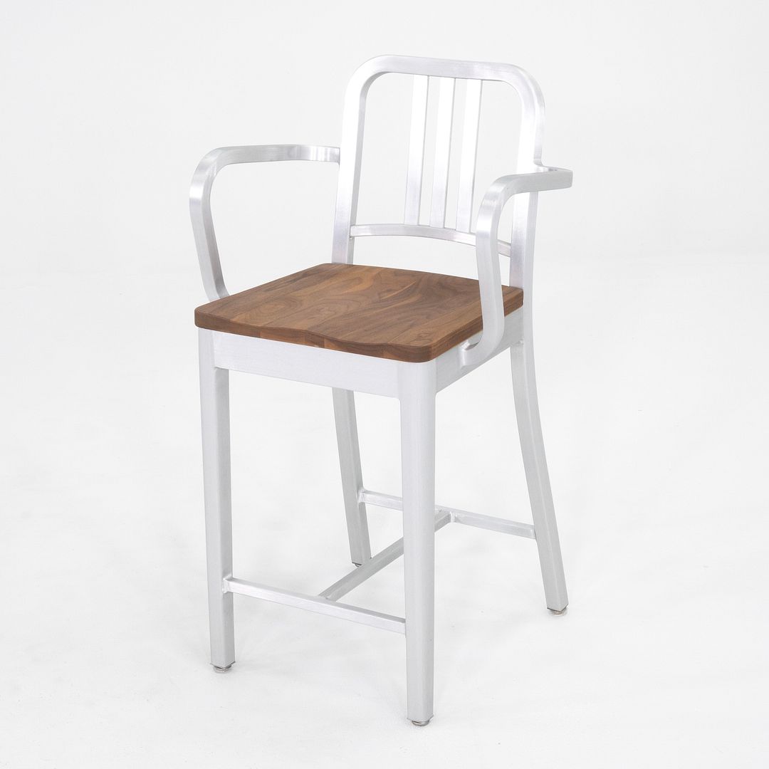 Emeco 1104 Navy Bar Stool With Wood Seat