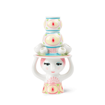 Bjørn Wiinblad Lady with Hat Candle Holder, Pink/Yellow, H: 6.3"