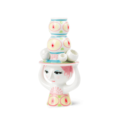 Bjørn Wiinblad Lady with Hat Candle Holder, Pink/Yellow, H: 6.3"