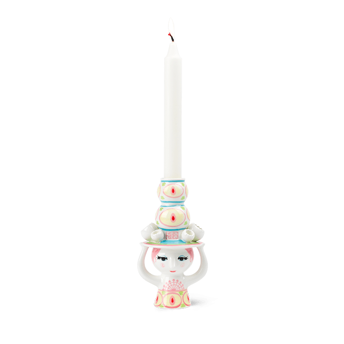 Bjørn Wiinblad Lady with Hat Candle Holder — Pink/Yellow 6.3"