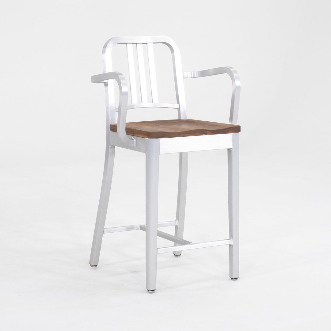 Emeco 1104 Navy Bar Stool With Wood Seat