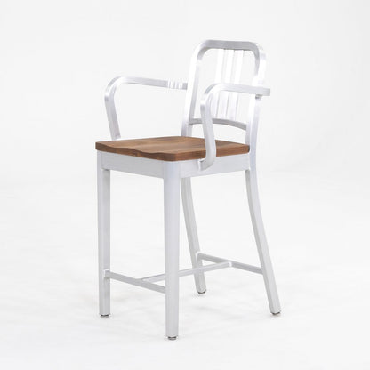 Emeco 1104 Navy Bar Stool With Wood Seat