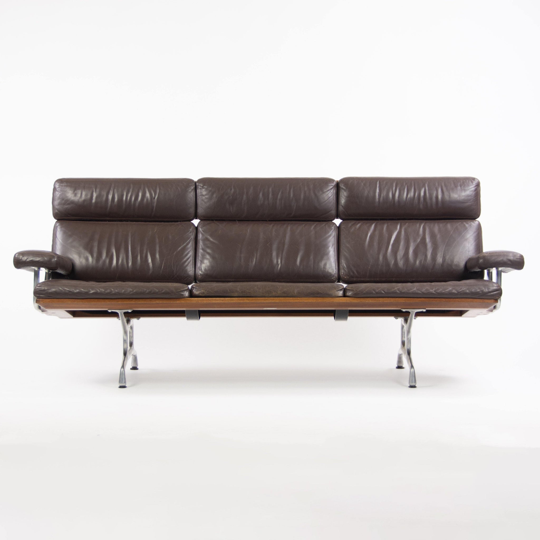 1980s Vintage Eames Herman Miller Three Seater Sofa Walnut and Brown Leather #1 - Rarify Inc.