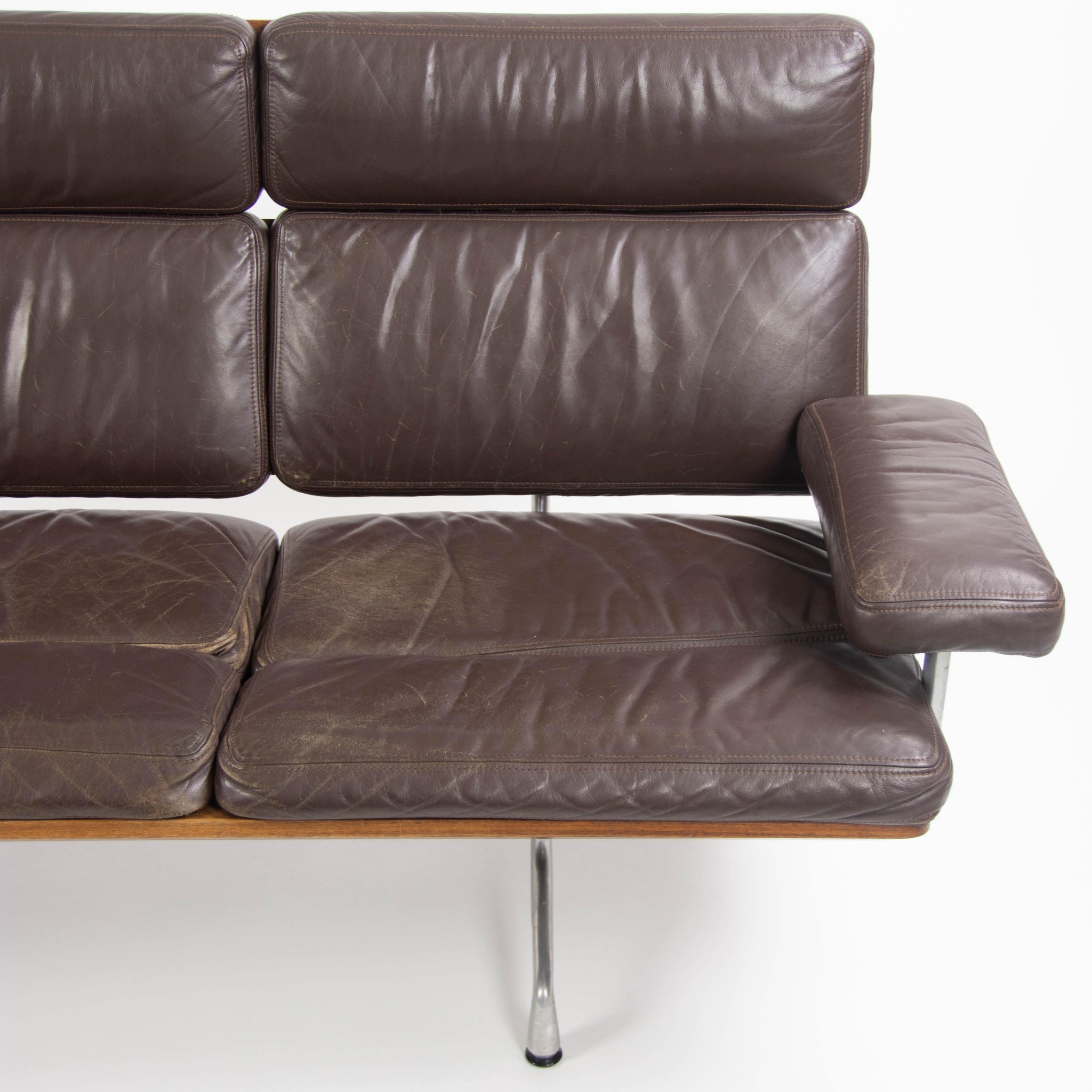 1980s Vintage Eames Herman Miller Three Seater Sofa Walnut and Brown Leather #1 - Rarify Inc.