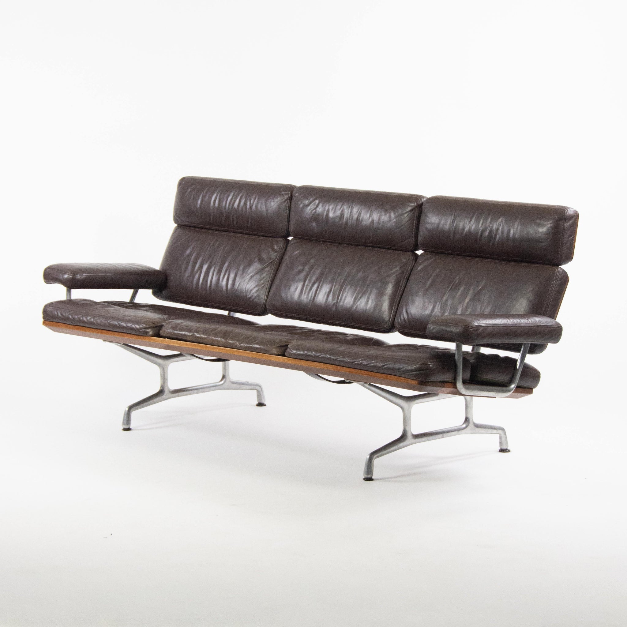 1980s Vintage Eames Herman Miller Three Seater Sofa Walnut and Brown Leather #2 - Rarify Inc.
