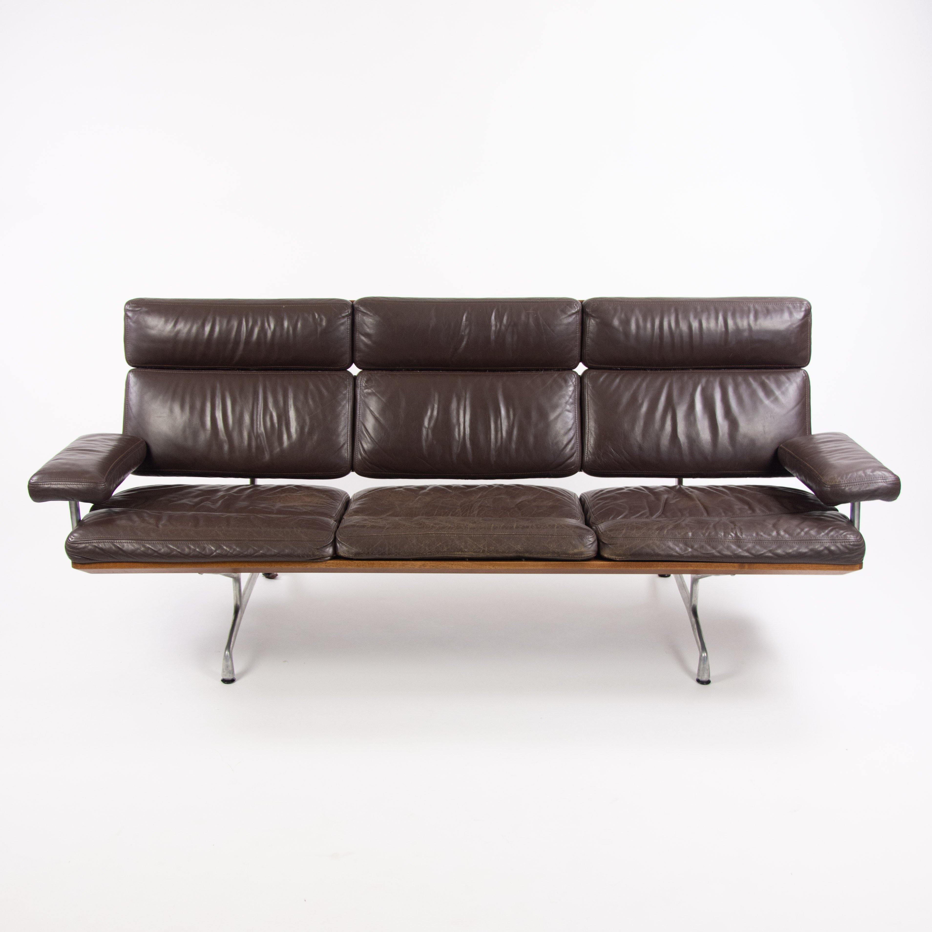 1980s Vintage Eames Herman Miller Three Seater Sofa Walnut and Brown Leather #2 - Rarify Inc.