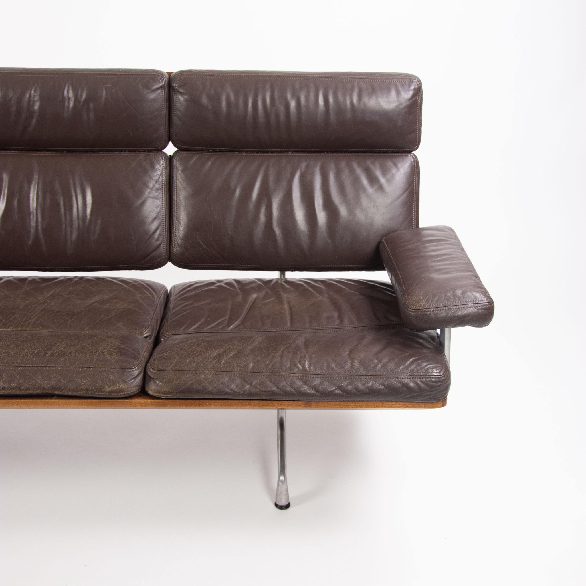 1980s Vintage Eames Herman Miller Three Seater Sofa Walnut and Brown Leather #2 - Rarify Inc.