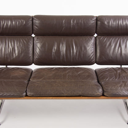 1980s Vintage Eames Herman Miller Three Seater Sofa Walnut and Brown Leather #2 - Rarify Inc.