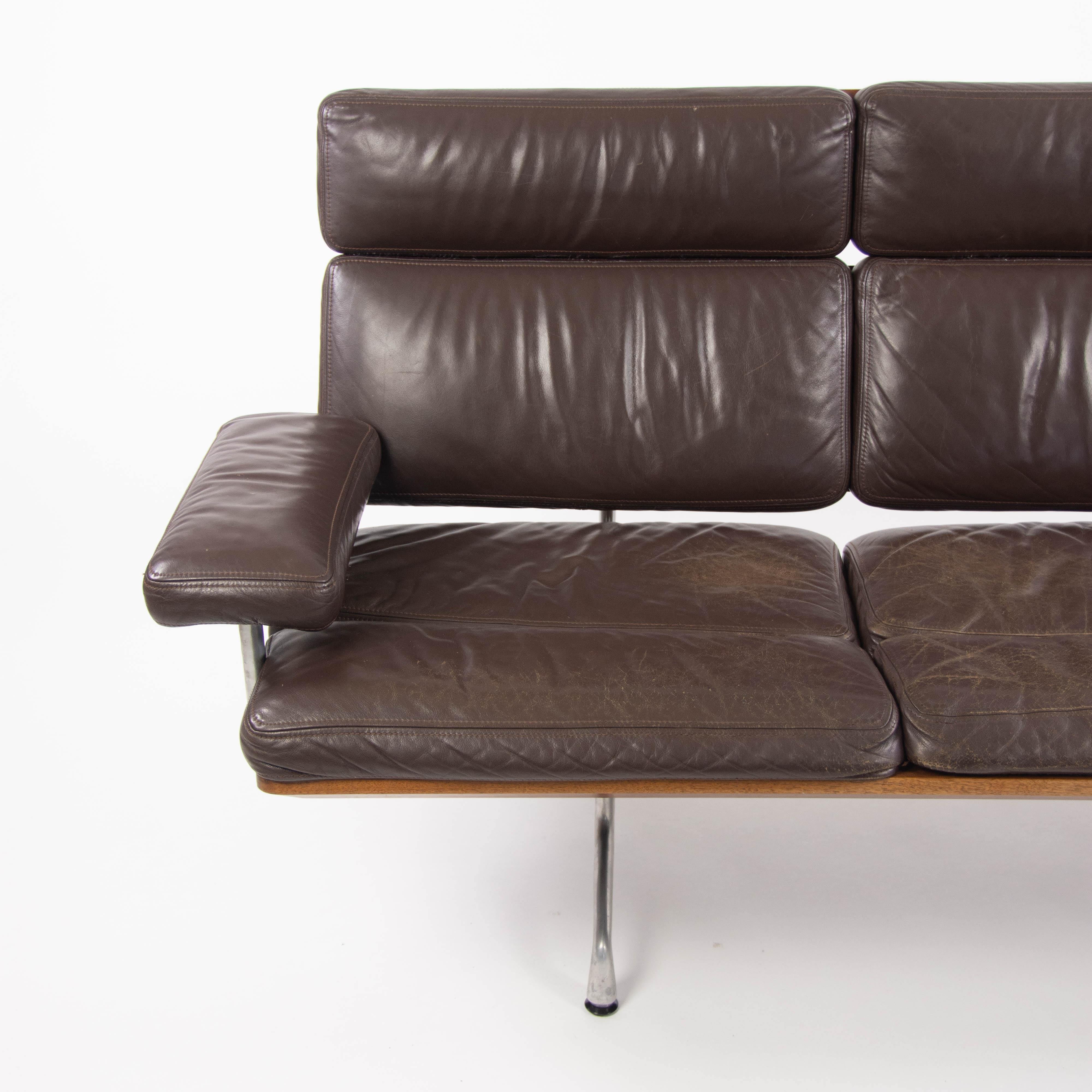 1980s Vintage Eames Herman Miller Three Seater Sofa Walnut and Brown Leather #2 - Rarify Inc.