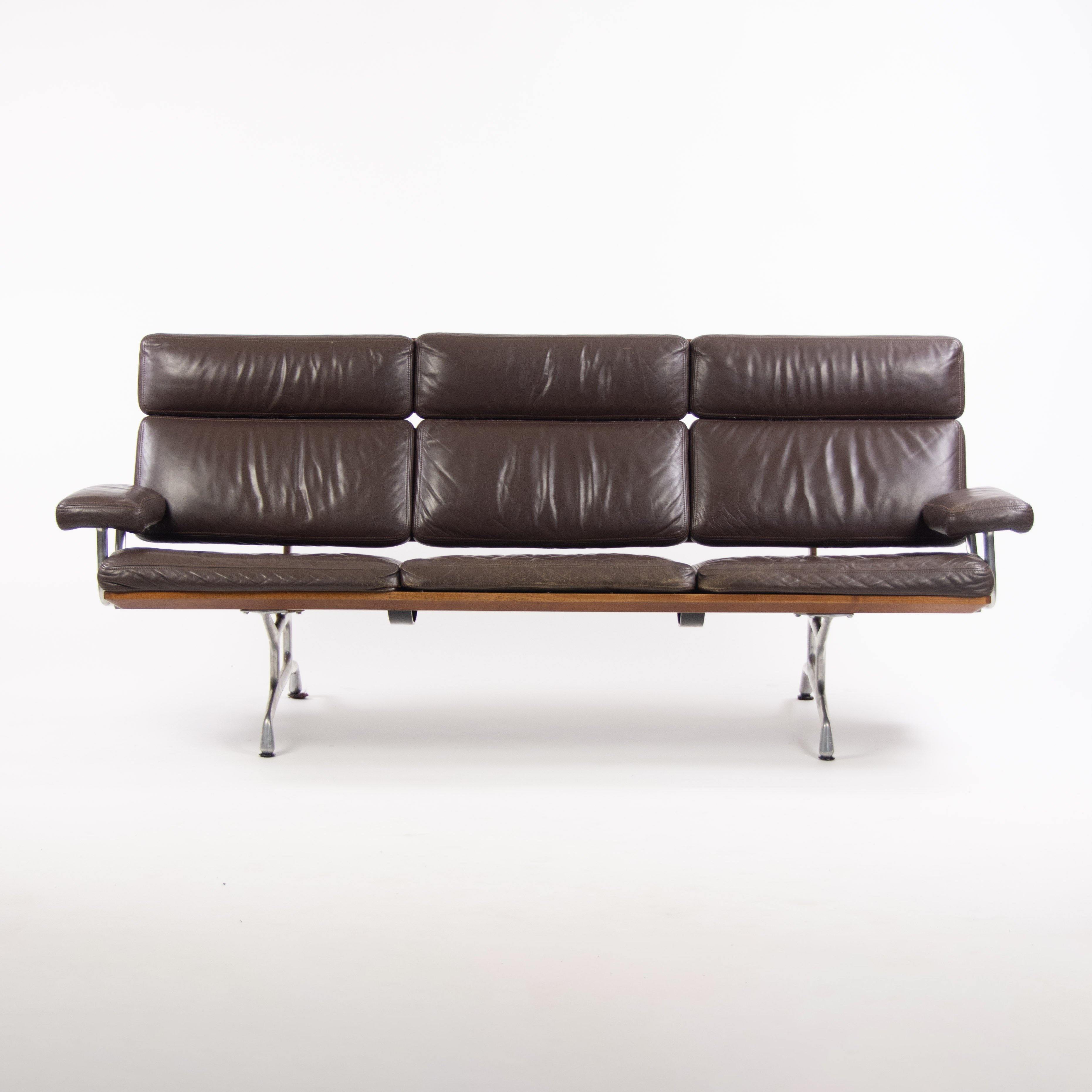 1980s Vintage Eames Herman Miller Three Seater Sofa Walnut and Brown Leather #2 - Rarify Inc.