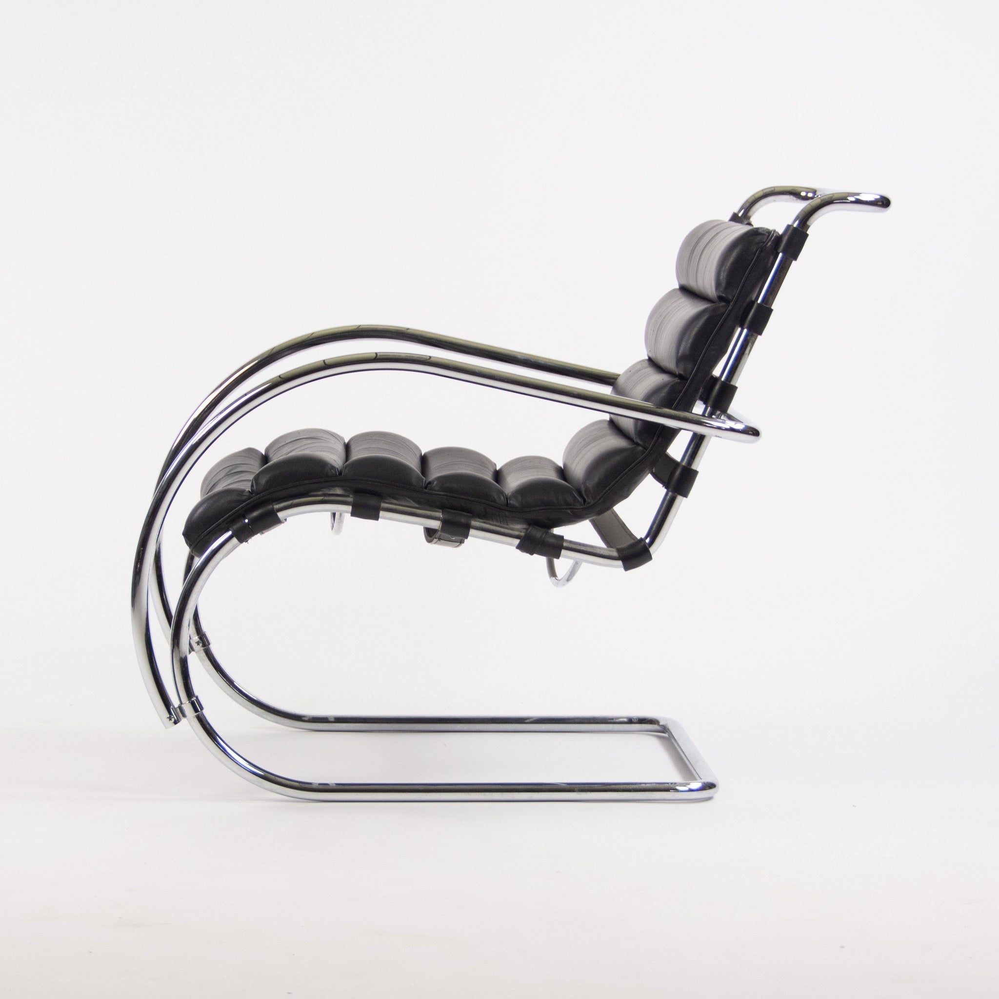 Mies Van Der Rohe Vintage MR Lounge Chair with Arms Black Leather Chrome Knoll - Rarify Inc.