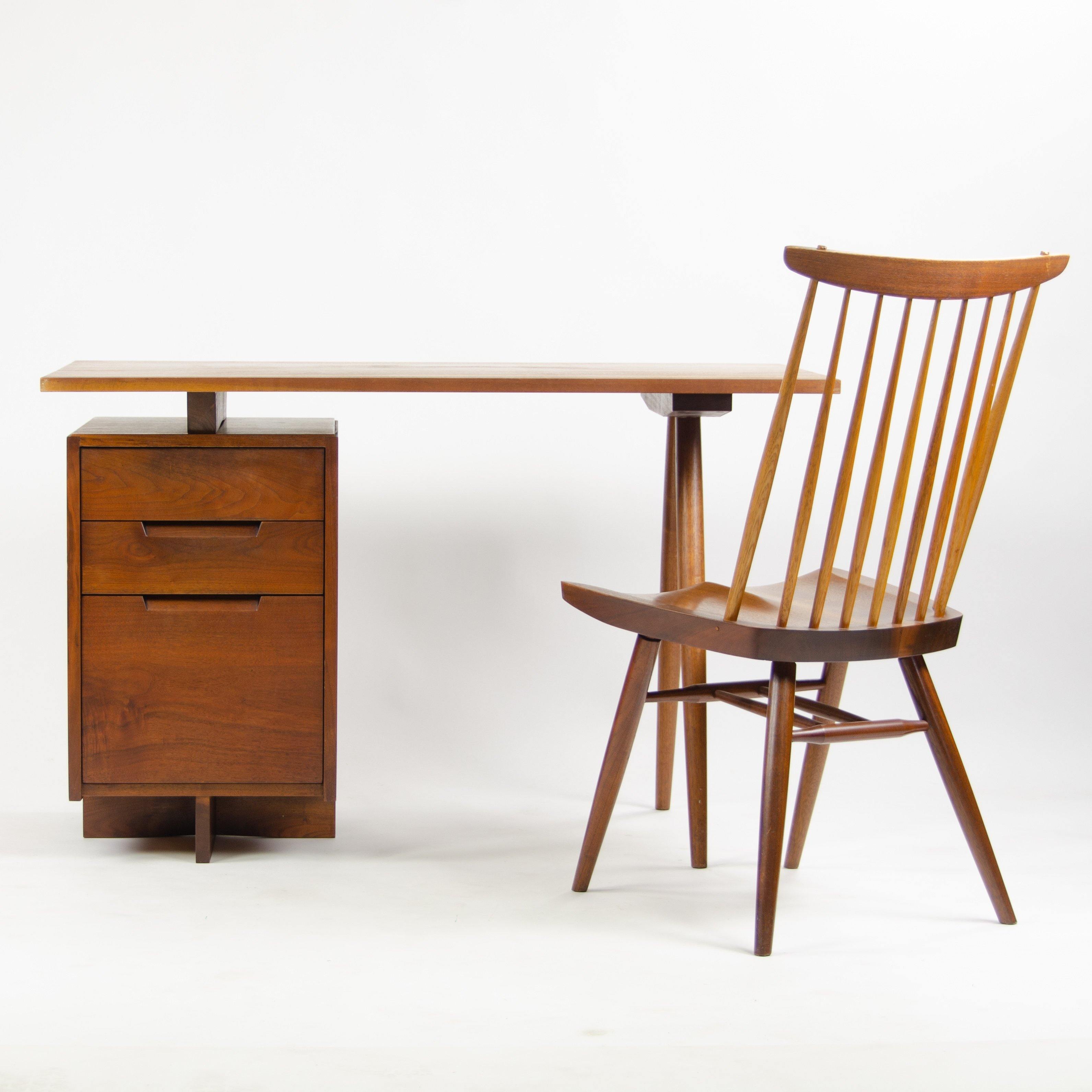 1956 George Nakashima Studio Single Pedestal Black Walnut Desk w/ Spindle Legs - Rarify Inc.